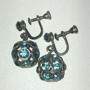 Vintage Silver Tone and Blue Rhinestone Ball Drop Earrings